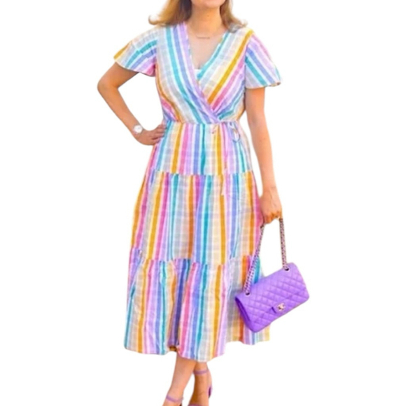 J.Crew Faux-wrap Midi Sundress, 12, Rainbow Gingham Seersucker Multi-colour - Picture 16 of 16